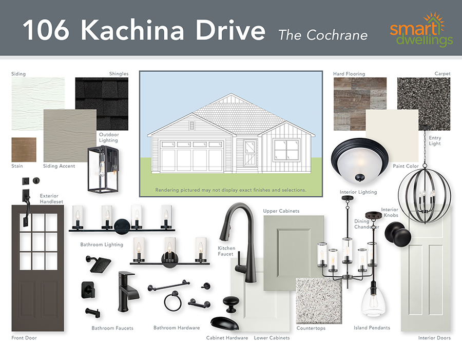 Product board for 106 Kachina way featuring tan and white siding, black shingles, sleek black hardware and finishes, white speckles countertops, grey and white cabinetry.